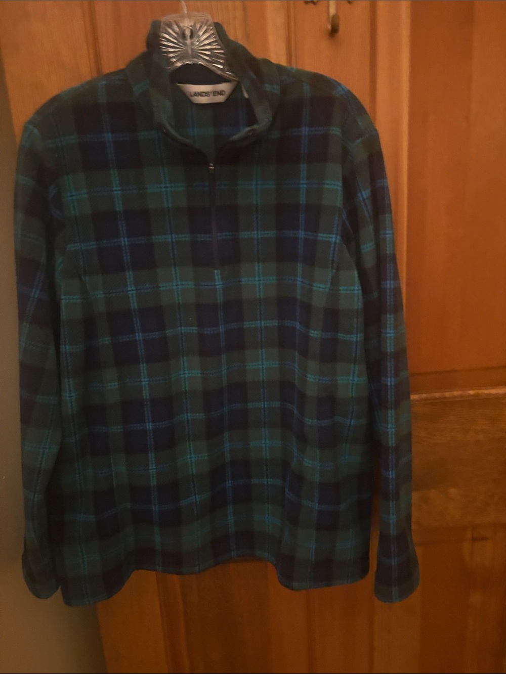 Lands' End Men's Teal & Navy Plaid Half-Zip Fleece Pullover